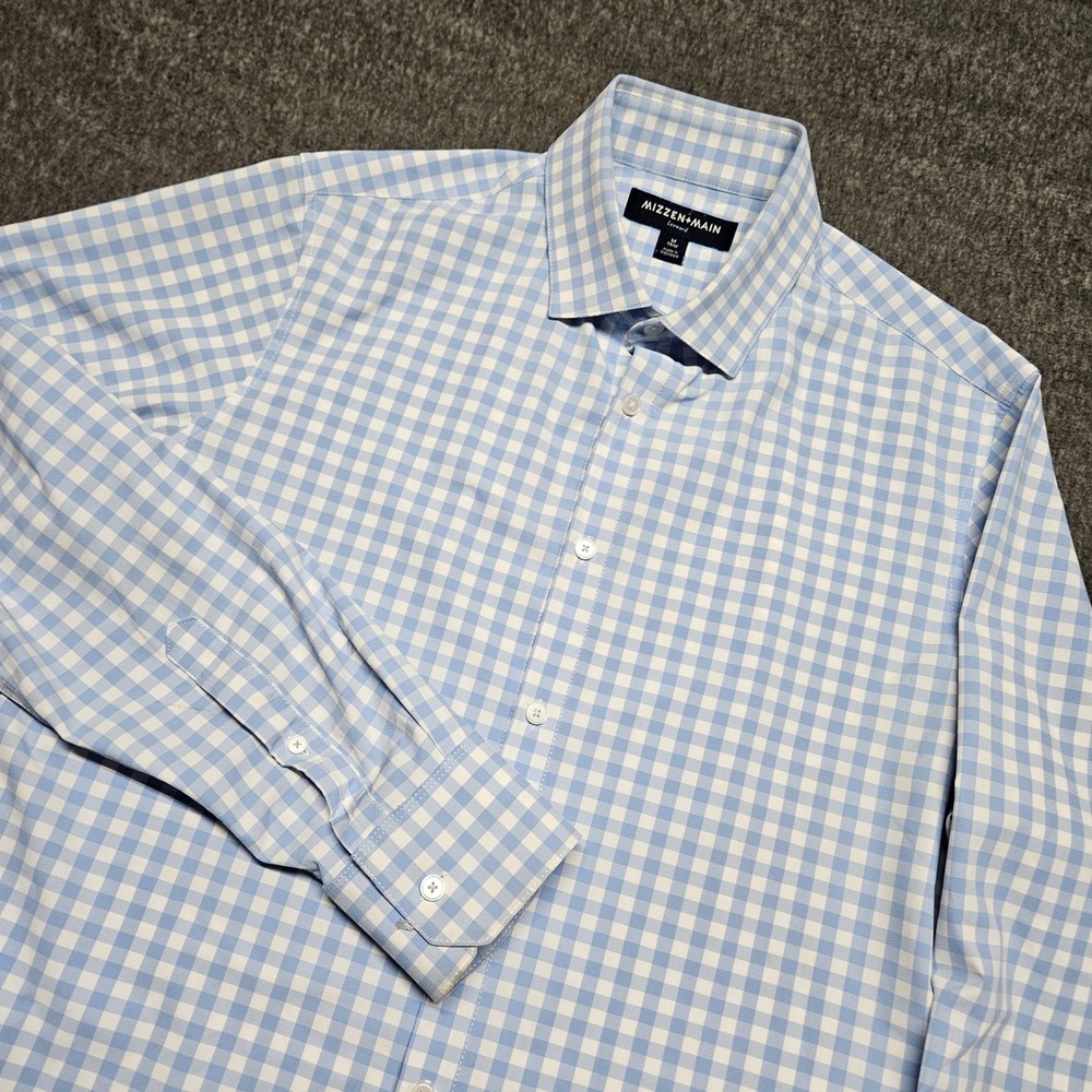 Mizzen+Main Dress Shirt Mens M Blue Gingham Leeward Trim Fit Long Sleeve